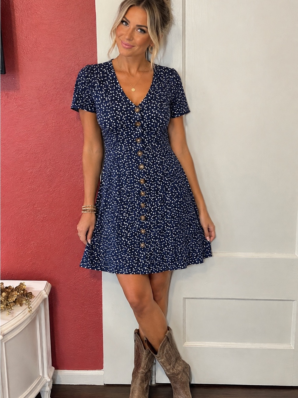 Commense Navy Blue Short-Sleeve Button-Front Midi Dress with White Ditsy Print